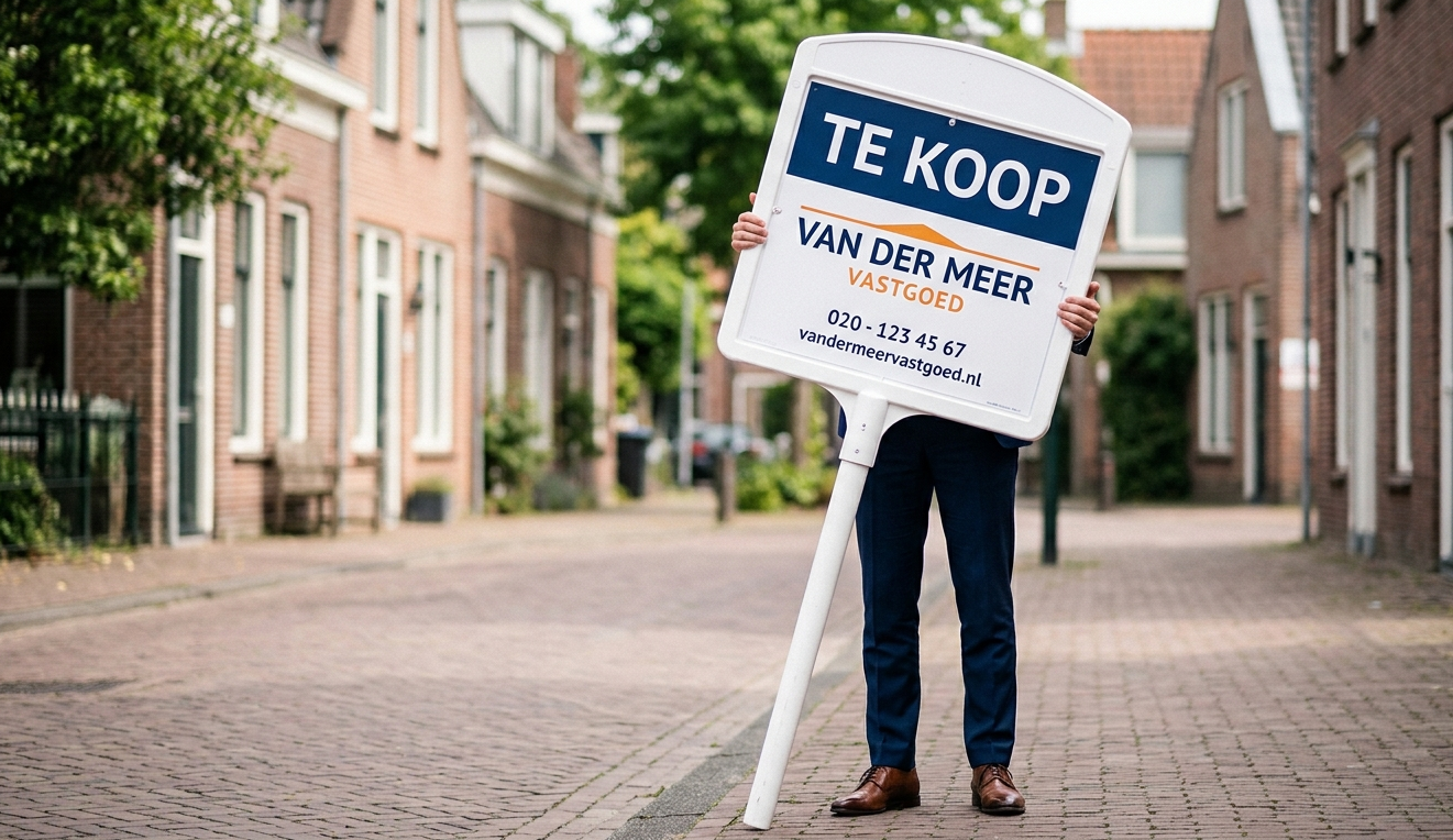 Makelaar verschuilt zich achter een te koop bord; symbool voor gebrek aan personal branding in de makelaardij.