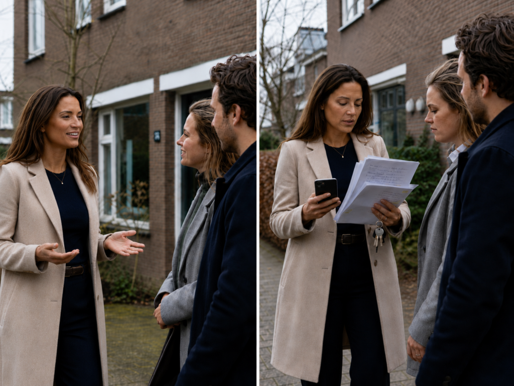 Makelaar met klantgesprek en handmatig papierwerk als vergelijking tussen rust door automatisering en drukte zonder automatisering