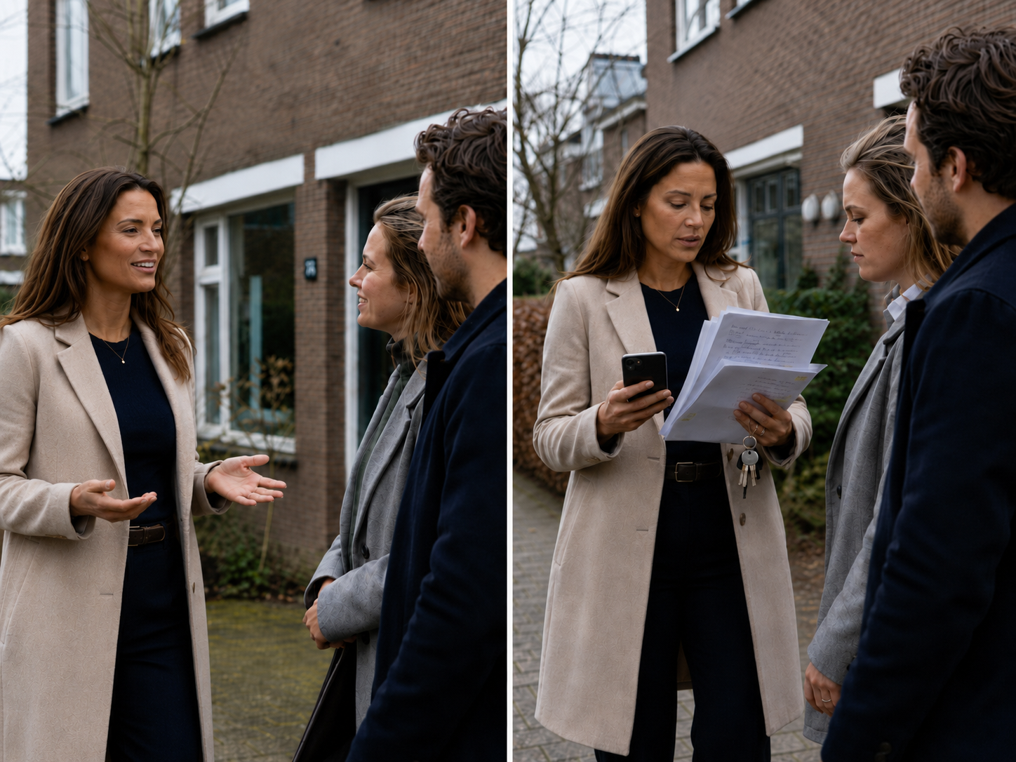 Makelaar met klantgesprek en handmatig papierwerk als vergelijking tussen rust door automatisering en drukte zonder automatisering
