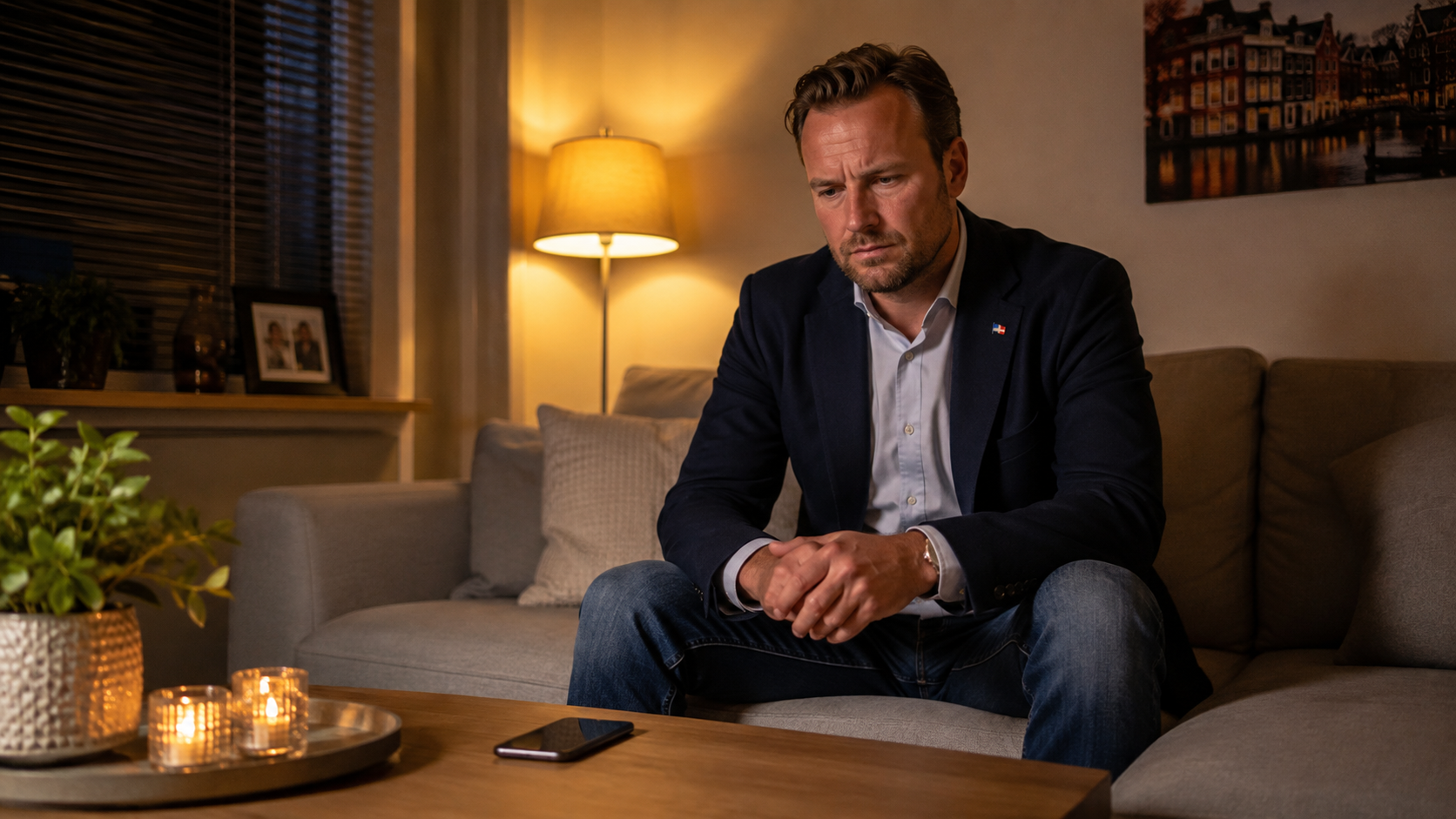 Makelaar zit nadenkend op de bank met stille telefoon op tafel, symbool voor gemiste opdrachten door onzichtbaarheid als makelaar.